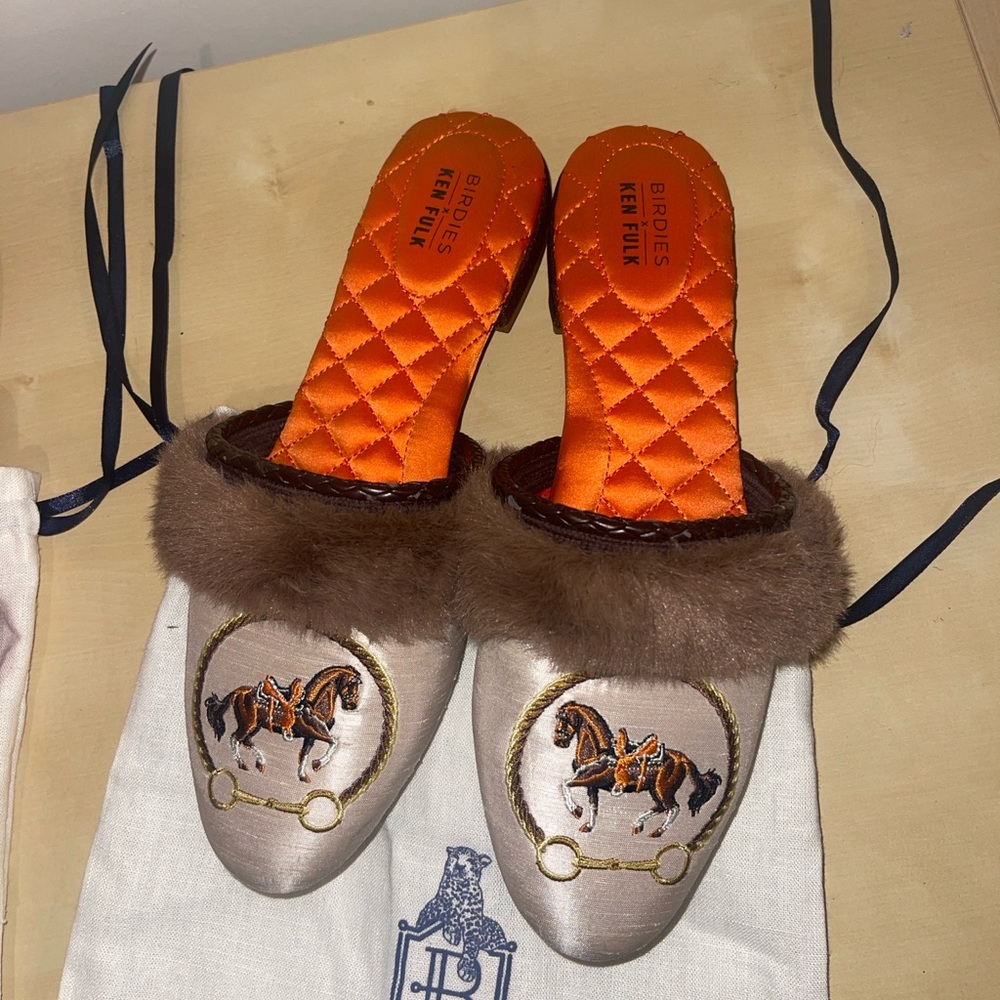 Birdies Women's Embroidered Slippers with Fur Trim